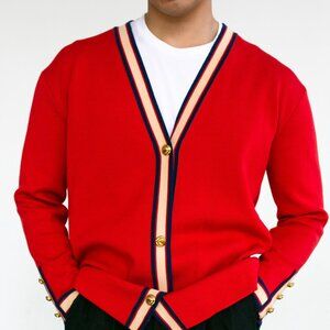 Gucci Red V-Neck Cardigan with Striped Trim